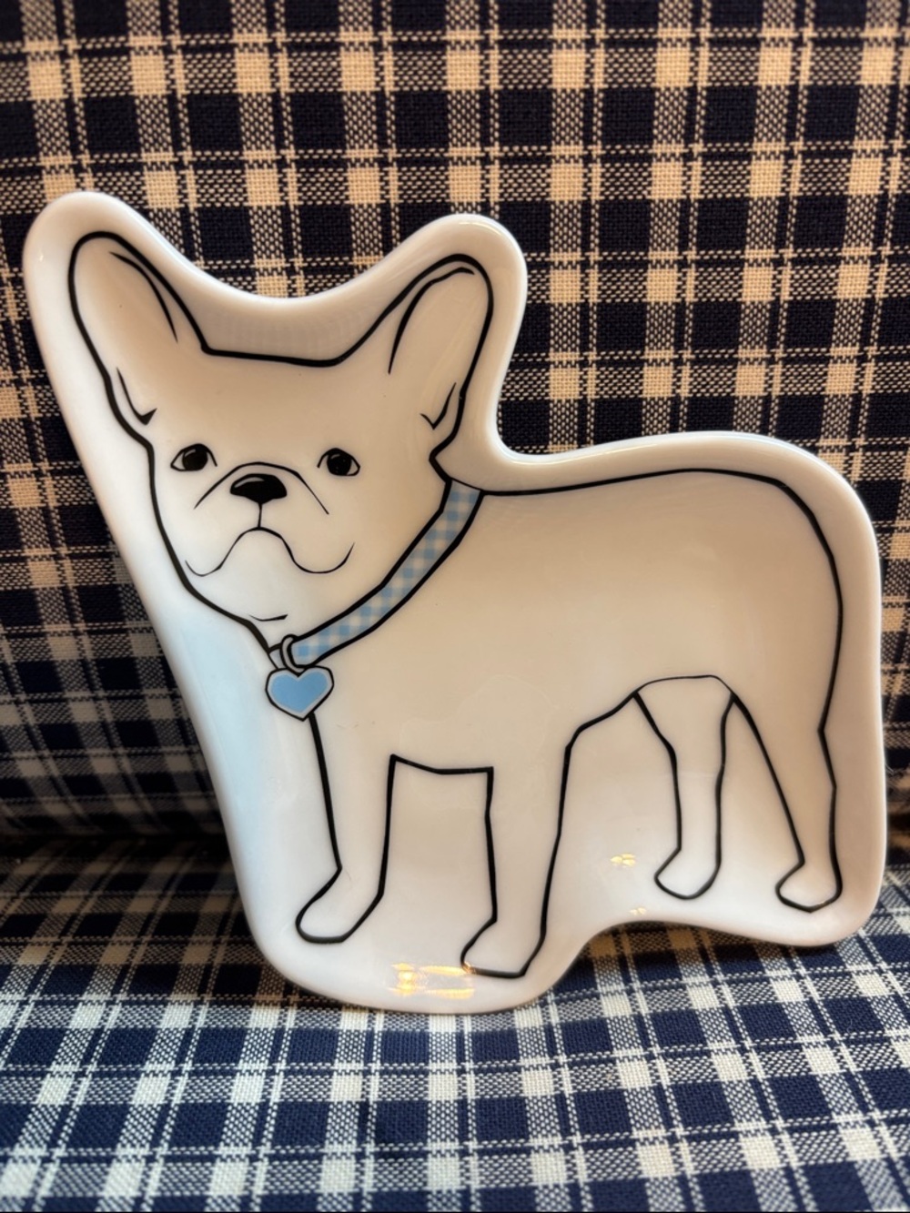 Draper James White French Bulldog Ceramic Dish with Blue Collar